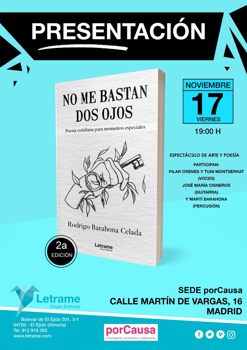 "Incluso los que se quedan
migran tanto como aquellos
que vienen y van.
Al fin y al cabo,
todos somos frutos híbridos
de tierras compartidas
de retazos de identidad..." 

Estos versos y mucho más te esperan el proximo viernes 17 en la presentación de mi libro en Madrid