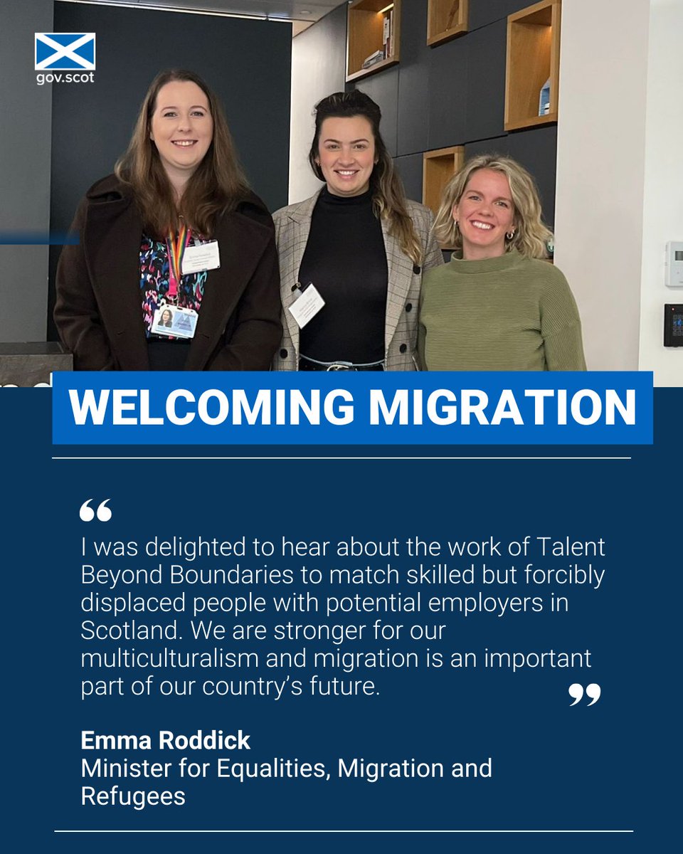 ScotGovFairer's tweet photo. Equalities Minister @Emma_Roddick met with @TBBforTalent to hear about the Displaced Talent Mobility Pilot Programme for Scotland, part-funded by @ScotGov.
 
The scheme lets businesses gain skilled workers while displaced people have the chance to rebuild their lives in Scotland. https://t.co/JbZXfldWSQ