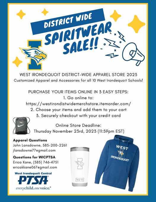 Spirit wear sales are here! Check out all the apparel for all ten <a href="/WestIrondequoit/">West Irondequoit CSD</a> schools, as well as gear and gifts that celebrate our Irondequoit Eagles! Order by November 23rd at 11:59 am. Orders will arrive before Holiday Recess!
…tirondistwidemerchstore.itemorder.com
