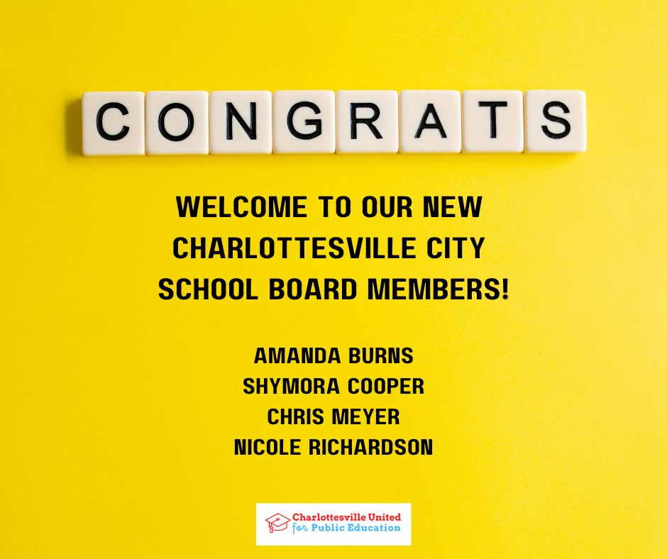 You might have been focused on our neighbors’ School Board race, but our drama-free race will have a huge impact with 4 new faces on the <a href="/CvilleSchools/">Charlottesville City Schools</a> School Board. Special shout out to CUPE co-founder Shymora Cooper and Advisory Committee member Chris Meyer! #Election2023