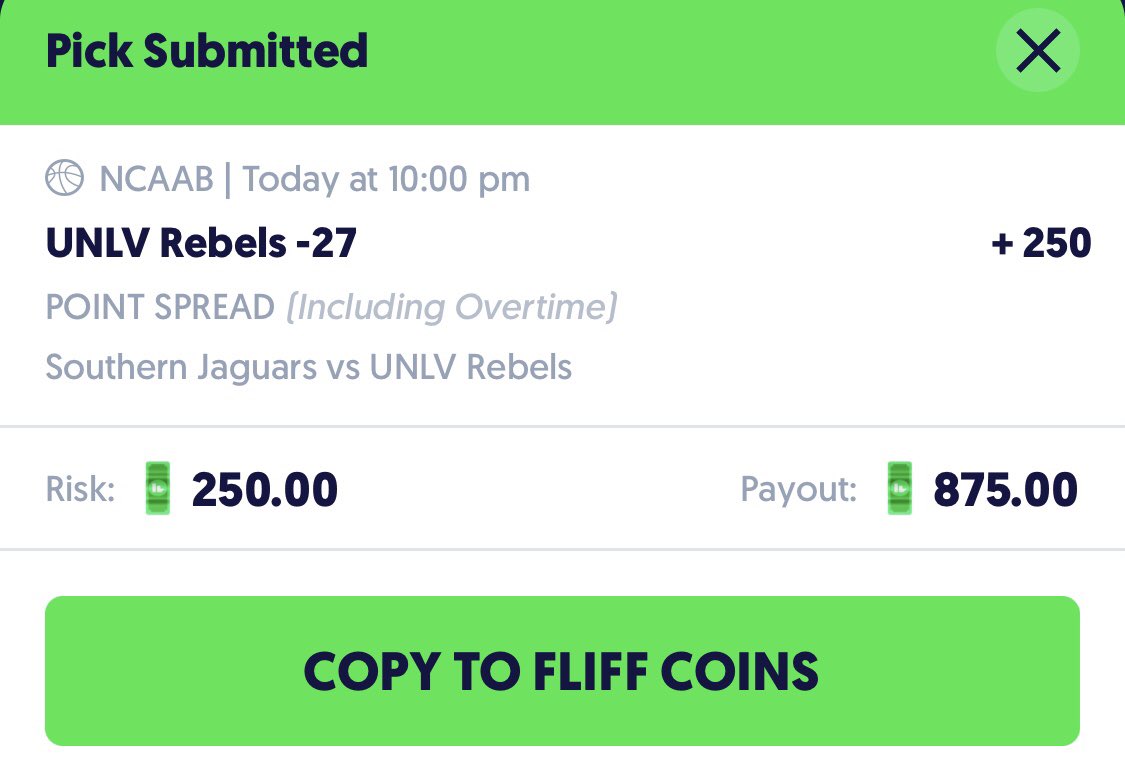 🚨FREE SHOT AT $250+🚨

If this middle hits, I’ll give away $100 to a random person who likes/RT’s!

Southern vs UNLV 🏀

FanDuel: Southern +27.5 -245 $621.38 to win $875

FLIFF: UNLV -27 +250 $250 to win $875

If UNLV wins by exactly 27, our FLIFF bet voids &amp; out FanDuel bet