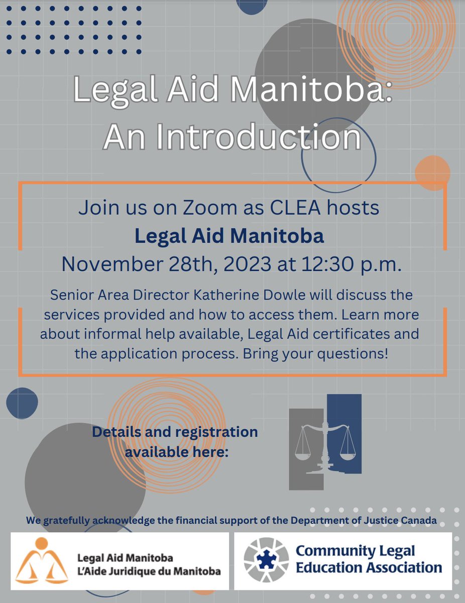 CLEAlegalinfo's tweet photo. Join us on Nov 28 at 12:30 pm for "An Introduction to Legal Aid Manitoba" with Katherine Dowle, Senior Area Director with Legal Aid. What is Legal Aid? How can you access their services? Join us for this informative program followed by a Q&amp;A. Register at  https://t.co/E7tZKMHaml https://t.co/HCfFwzMYv4