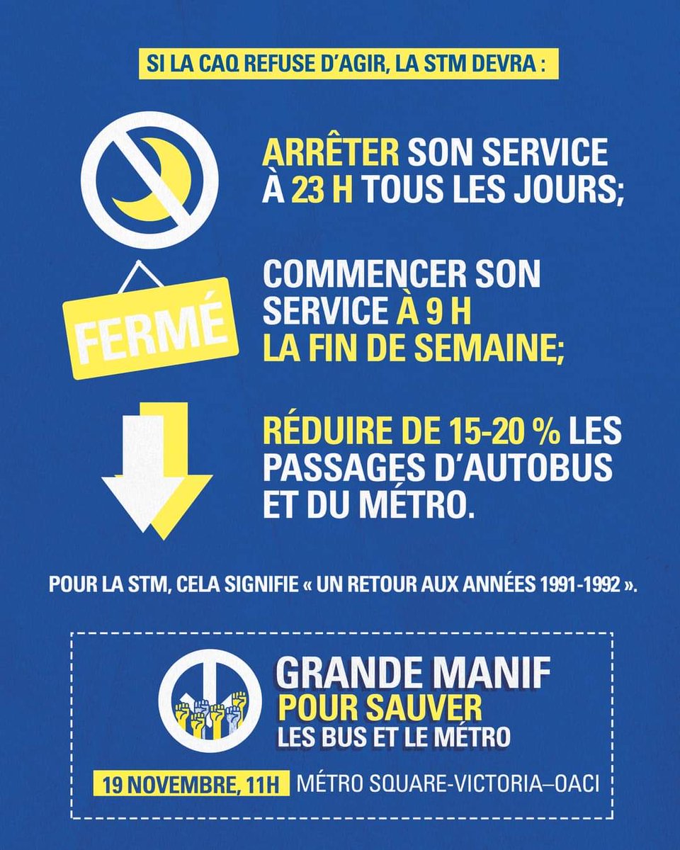 Partagez SVP ! 🙏

Grande manif pour un financement du Transport en commun digne de nos ambitions.

🗓️- Le 19 Novembre à 11 h
📍- Square Victoria

#JaimeLaSTM <a href="/stminfo/">STM</a> #polqc #polmun #polmtl