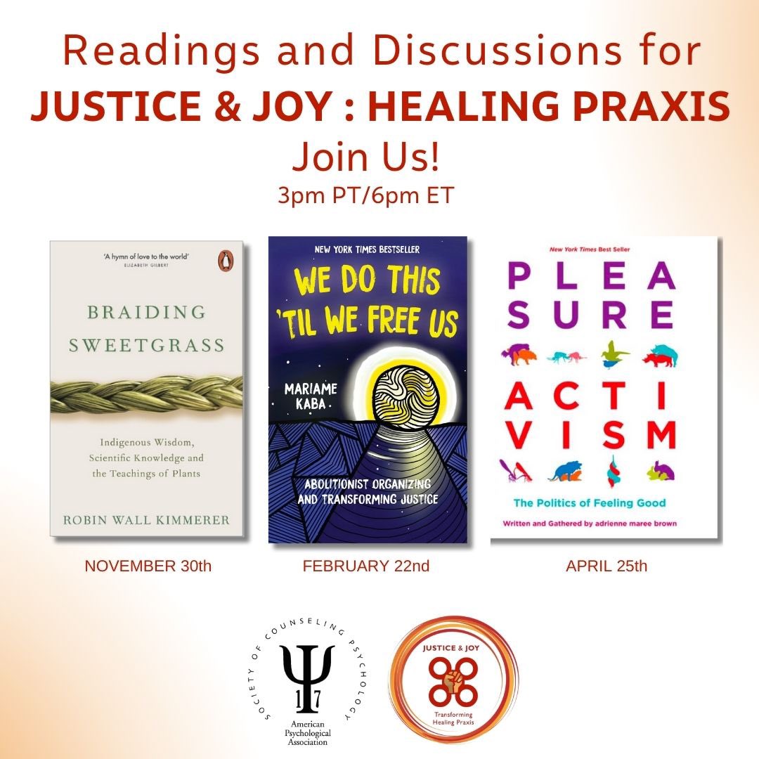 Reading books can be a great way to find some grounding and healing. 📚Join the conversation with Justice & Joy: Healing Praxis Reading Discussion as we go read through 3 books: #BraidingSweetgrass, #WeDoThisTilWeFreeUs, & #PleasureActivism. #JusticeJoyHealing