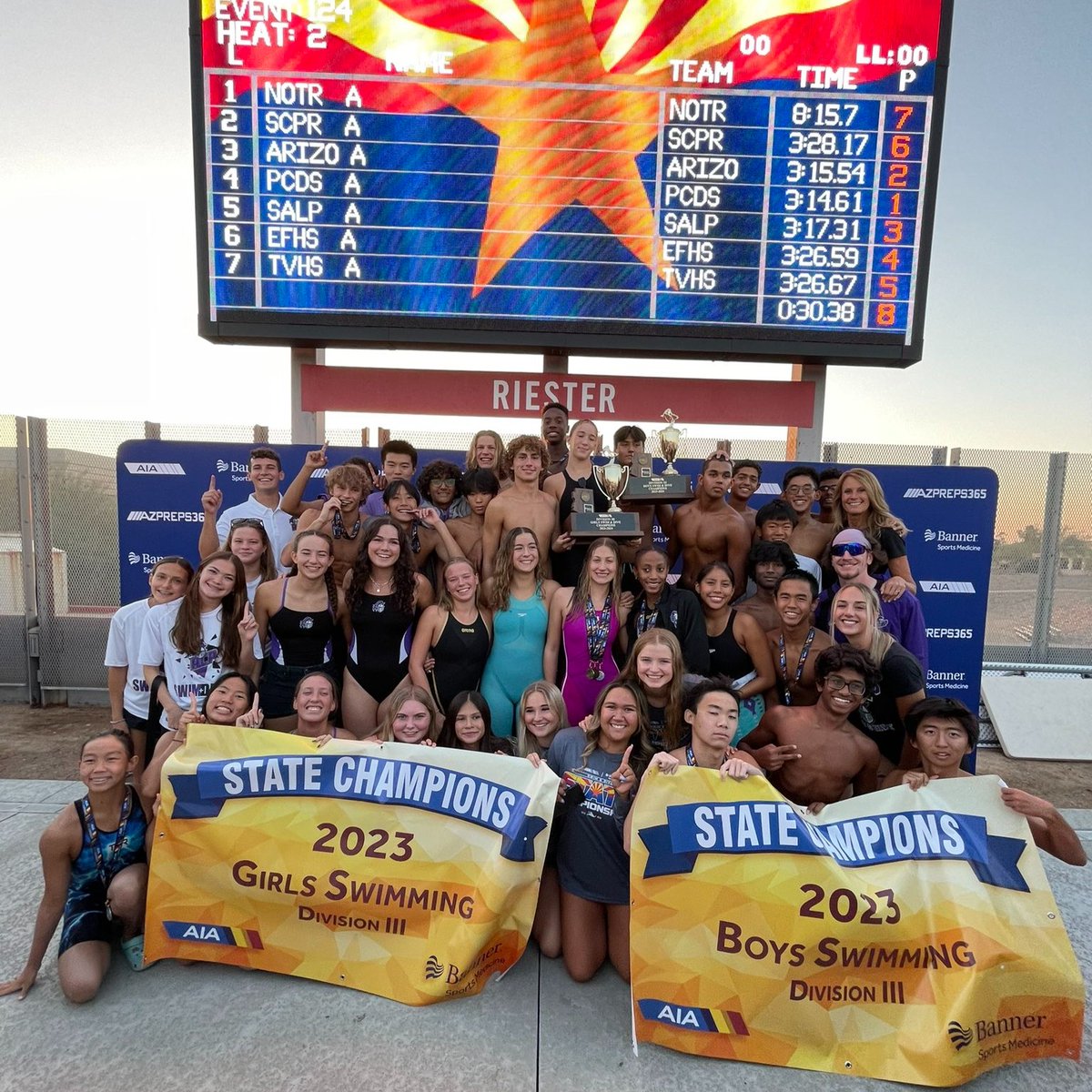 Congratulations to <a href="/ACPKnights/">Arizona College Prep High School</a>, your DIII State Championship titles in boys' and girls' swimming. Coached by the dedicated duo of Kristine Nelson and Carson Sundem, this achievement represents back-to-back titles <a href="/CUSDAthletics/">CUSDAthletics</a> <a href="/ACPAthletics/">ACPHS Athletics</a> #WeAreChandlerUnified