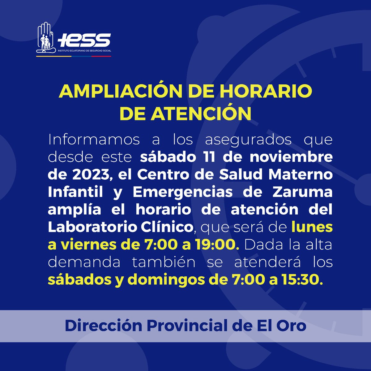 #IESSteInforma El CSC Materno Infantil y Emergencias Zaruma amplía sus horarios de atención en laboratorio clínico 🩸

Ahora te atenderemos todos los días de la semana 🗓

¡Nos esforzamos por servirte mejor! 👩‍⚕
#IESSBuenasNoticias