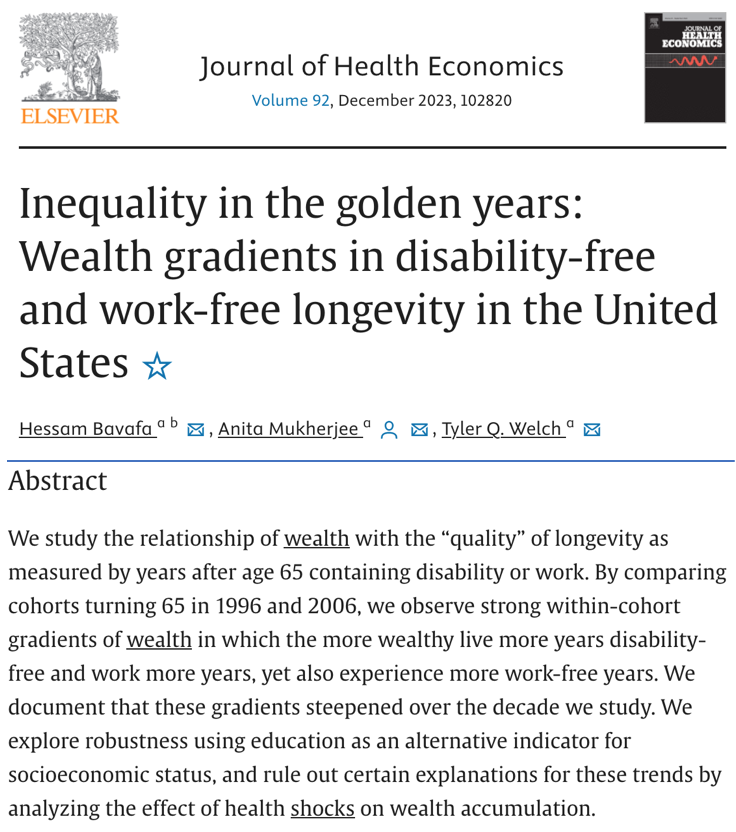 Anita Mukherjee (@anita_mukherjee) on Twitter photo Our paper exploring how wealth at retirement is correlated with eventual disability and mortality is out at <a href="/JHealthEcon/">Journal of Health Economics</a> -- coauthored with <a href="/TylerQWelch/">Tyler Welch</a> and <a href="/Hessam_Bavafa/">Hessam Bavafa</a>. sciencedirect.com/science/articl… Our paper exploring how wealth at retirement is correlated with eventual disability and mortality is out at <a href="/JHealthEcon/">Journal of Health Economics</a> -- coauthored with <a href="/TylerQWelch/">Tyler Welch</a> and <a href="/Hessam_Bavafa/">Hessam Bavafa</a>. sciencedirect.com/science/articl…