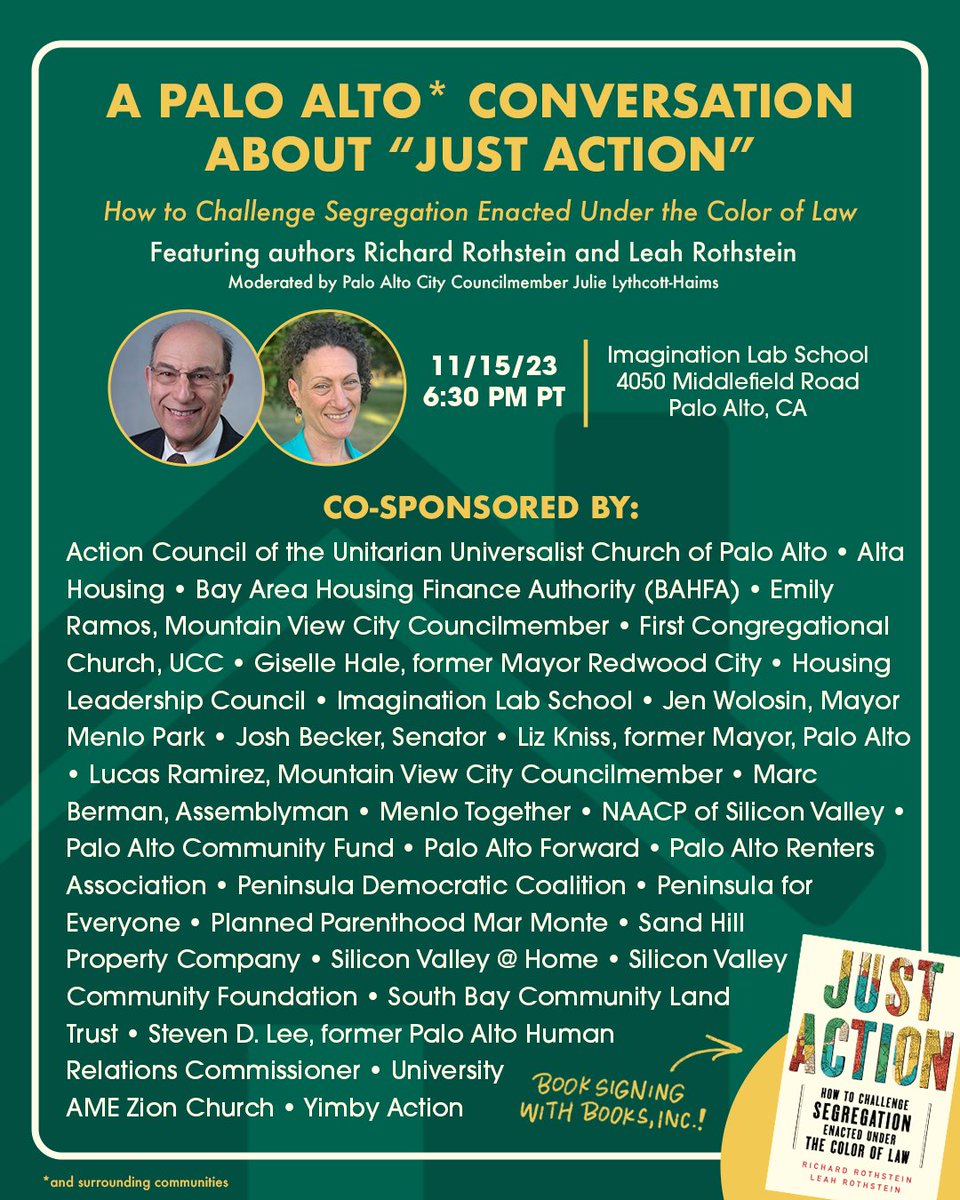 PACF is proud to be a cosponsor of the upcoming event A Palo Alto Conversation About "Just Action" featuring authors Richard Rothstein and Leah Rothstein on Wednesday, November 15 at 6:30pm. 

RSVP at bit.ly/3MqdWBs.