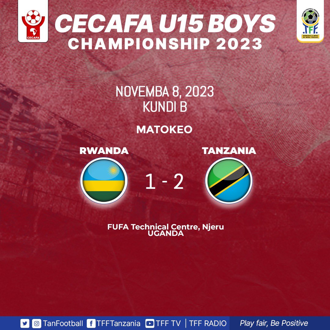 Tanfootball's tweet photo. FT’ Rwanda 🇷🇼 U15 1️⃣-2️⃣ 🇹🇿Tanzania U15
⚽️Peter Andrew
⚽️Peter Andrew
#CECAFAU152023 | #RWATAN
@CAF_Online @Cecafaonline https://t.co/0RkDKspY3s