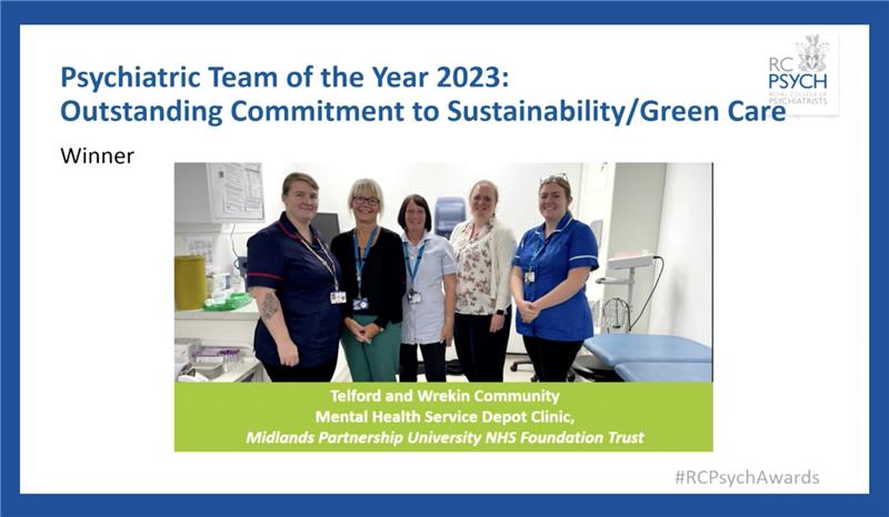 Congratulations @mpftnhs Telford and Wrekin Community Mental Health Service on their @RCPsych awards win for Outstanding Commitment to Sustainability/Green Care! A brilliant example of how we are considering sustainability within our QI approach. @Sushealthcare @beckylycett 🌟👏