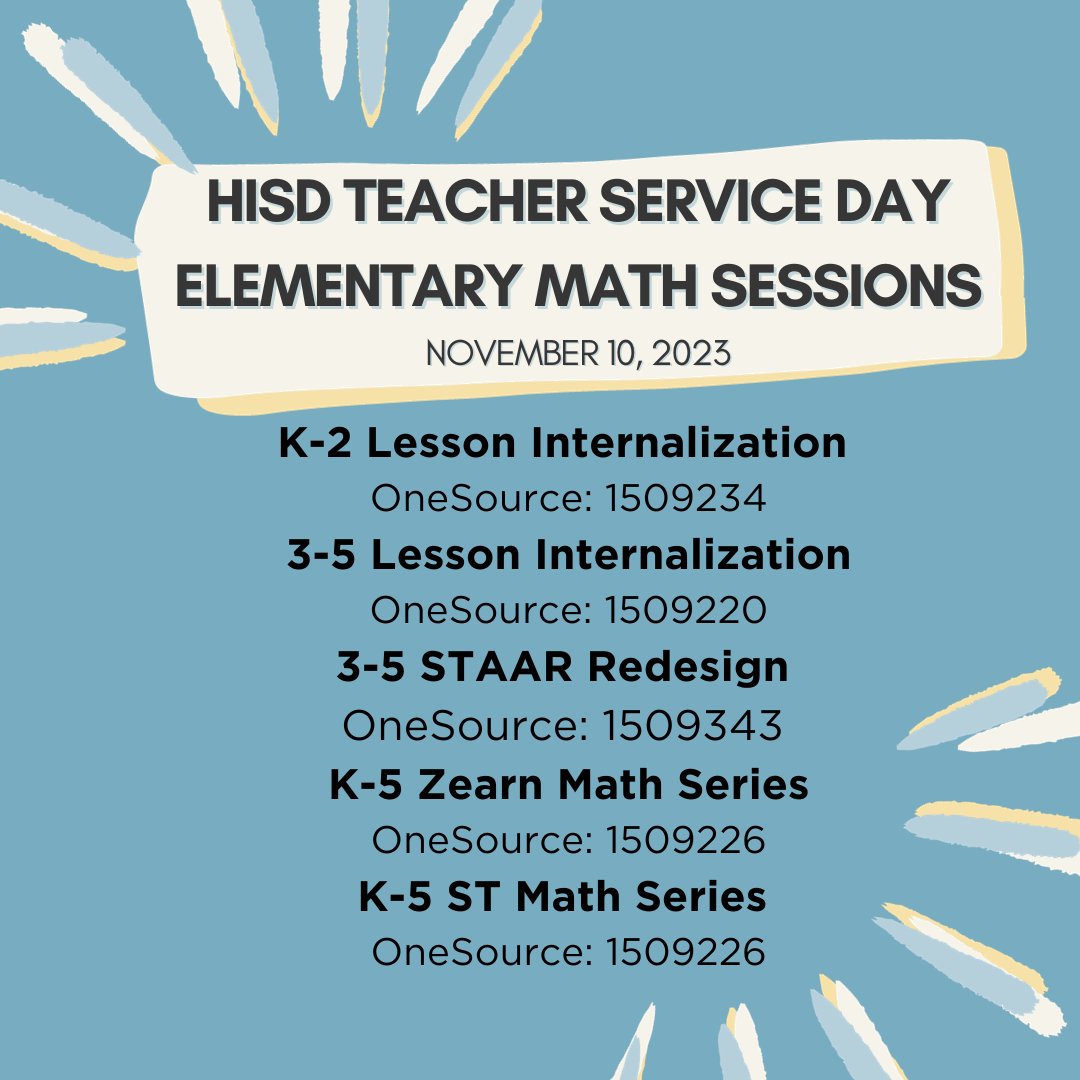 What is the @HISD_CPD elementary math team offering for Teacher Service Day?? That's a great question. I would love to tell you! Spaces are going quickly- register TODAY &amp; join us Friday afternoon! <a href="/DonelleWilliams/">Donelle Williams, Ed. D.</a> <a href="/nperez10/">Nalsy Perez</a> <a href="/tfox015/">TracyFox</a> <a href="/wheresmarkesha/">Markeshia Ellis, Coordinator 2 Prof Development</a>