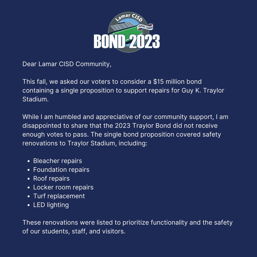 LamarCISD's tweet photo. A message from our Superintendent Dr. Roosevelt Nivens to the community regarding the outcome of the 2023 #TraylorBond election. https://t.co/F928Qh94hf