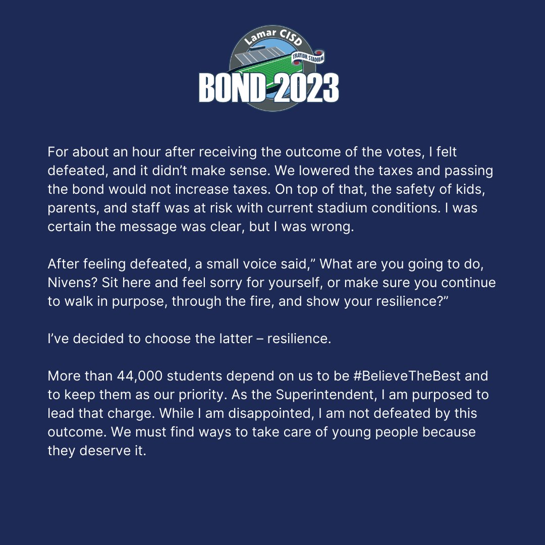 LamarCISD's tweet photo. A message from our Superintendent Dr. Roosevelt Nivens to the community regarding the outcome of the 2023 #TraylorBond election. https://t.co/F928Qh94hf
