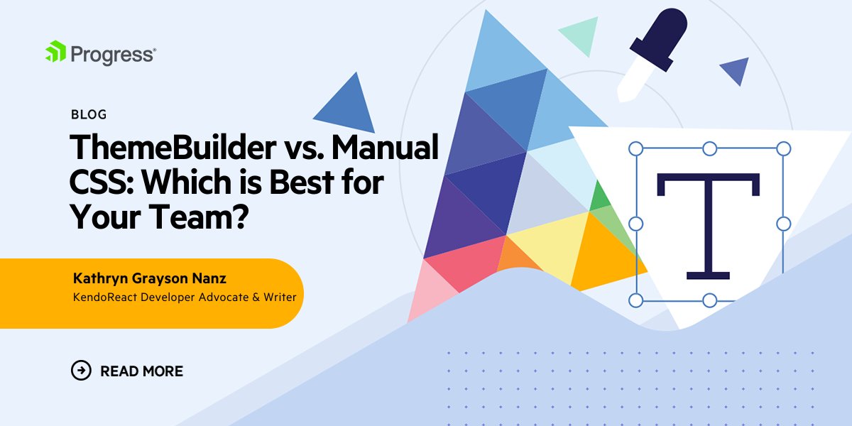 KendoUI's tweet image. When it comes to styling &amp;amp; theming Kendo UI components there&apos;s an array of options!

But which one fits your team the best - #ThemeBuilder or #CSS? 

Maybe @kathryngrayson can help! Check out her blog: prgress.co/3FLI1Yq