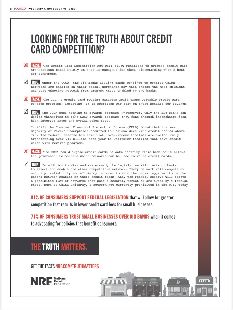 NRF’s full-page ad in support of the #CreditCardCompetitionAct appeared today in @politico. Learn more about credit card competition and the truth about #swipefees. nrf.com/FedUpWithFees