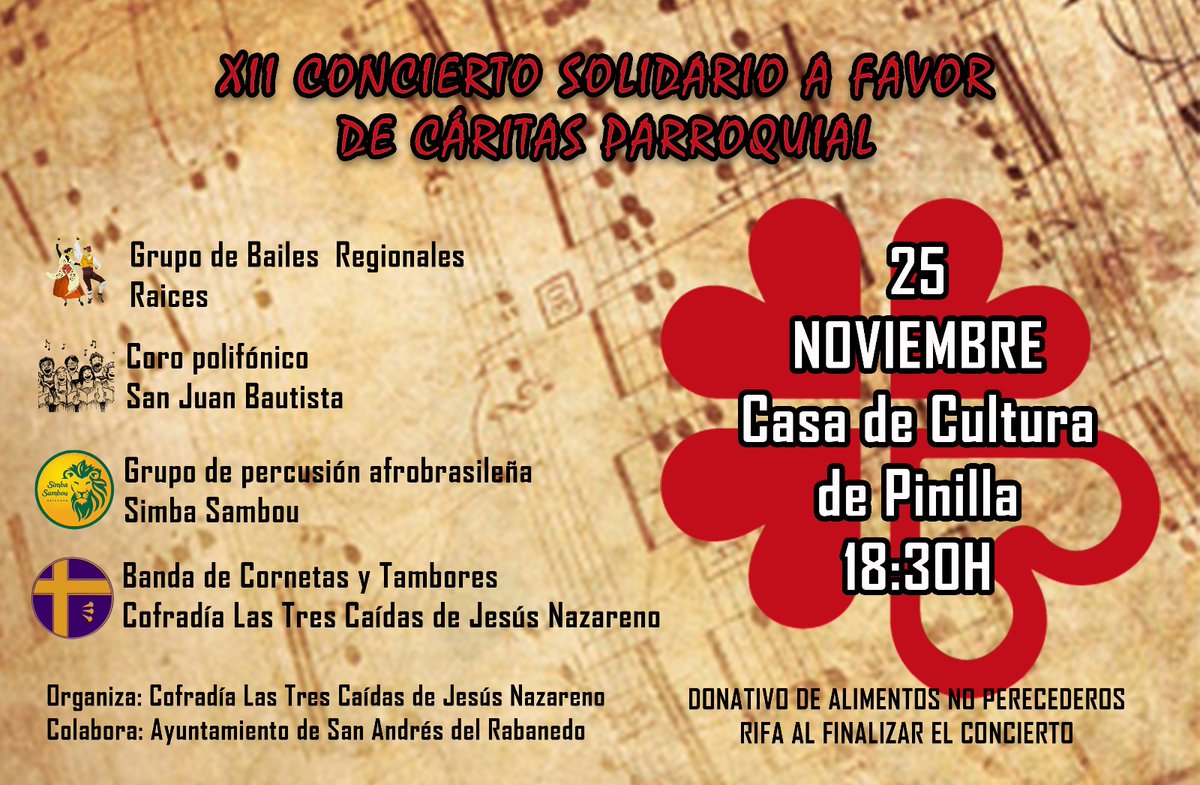 XII Concierto Solidario a favor de Cáritas Parroquial
🗓️ Sábado 25 de Noviembre 
⏰18:30h
📌Casa de Cultura de Pinilla
