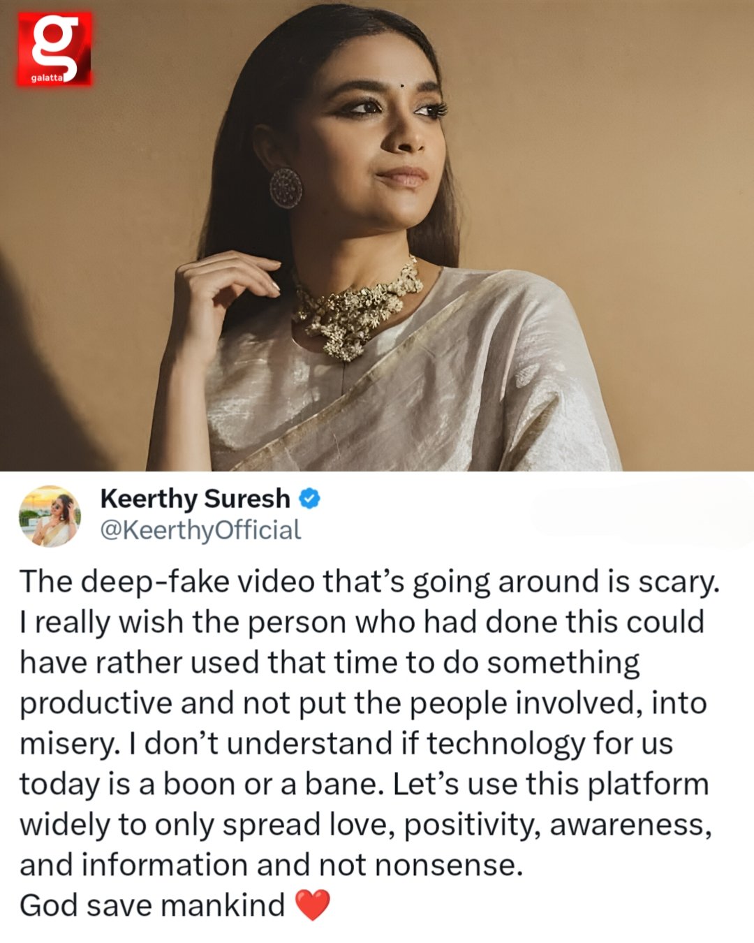 Galatta Media on X: God save mankind - Keerthy Suresh reacts on DeepFake  Issue!🗣️ @KeerthyOfficial KeerthySuresh DeepFake Keerthy Galatta  t.coHDcTSFKYDC  X