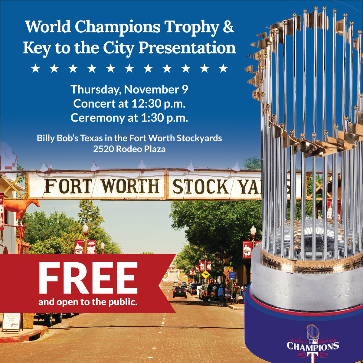 Exciting news! Texas <a href="/Rangers/">Texas Rangers</a> leaders are bringing the Commissioner's Trophy to Fort Worth to celebrate their first-ever World Series Championship!