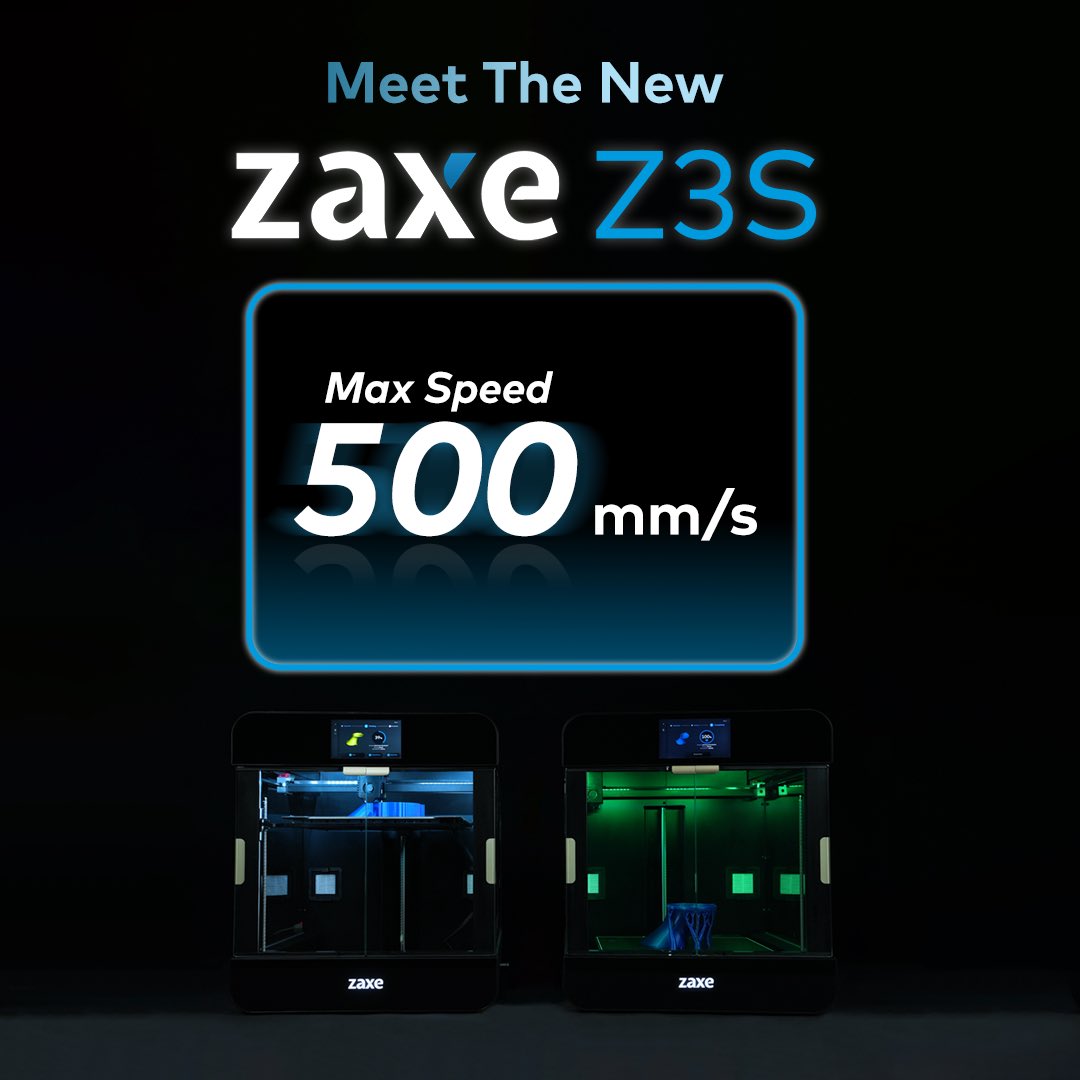 Zaxe3D's tweet photo. Zaxe Z3S, a force to be reckoned with, capable of reaching speeds of up to 500mm/s! Here it is with an acceleration of 20,000mm/s². Additionally, we offer a generous build volume of 400x300x350mm. Don't forget you're in the right place for excellent precision and performance. https://t.co/Ryz7Igo5xy