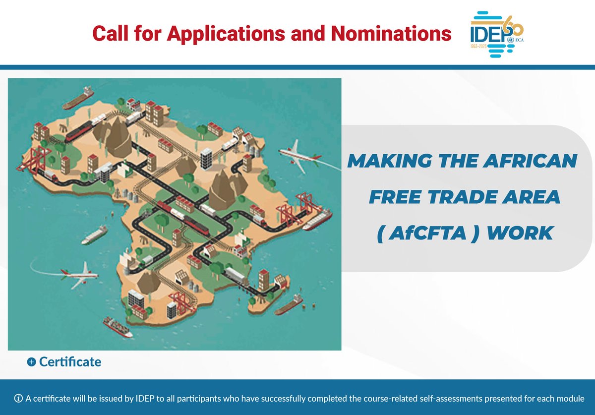 📣#CallForApplications

✅Online Training - Making the African Free Trade Area (#AfCFTA) work

🗓️Duration: 3⃣weeks
💻Course date: 2⃣0⃣th Nov.-8⃣th Dec.
🗣️English & French
💸Free
📌Apply now 👉🏿 shorturl.at/orD07
🔚Application deadline: 1⃣7⃣th Nov.

#IDEPCourses #Trade