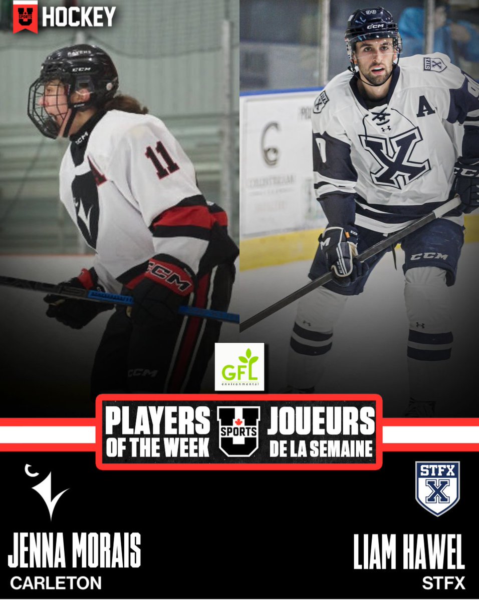 🏒 Carleton’s Morais and Hawel of STFX named U SPORTS Hockey Players of the Week

🏒 Morais de <a href="/CURavens/">Carleton Ravens</a> et Hawel de <a href="/StFXAthletics/">StFX Athletics</a>  sont les joueurs de hockey de la semaine de U SPORTS

<a href="/GFLenv/">GFL Environmental</a> 

<a href="/OUAsport/">Ontario University Athletics</a> | <a href="/AUS_SUA/">Atlantic University Sport</a> 

EN: bit.ly/472g6zC
FR: bit.ly/3uftce0