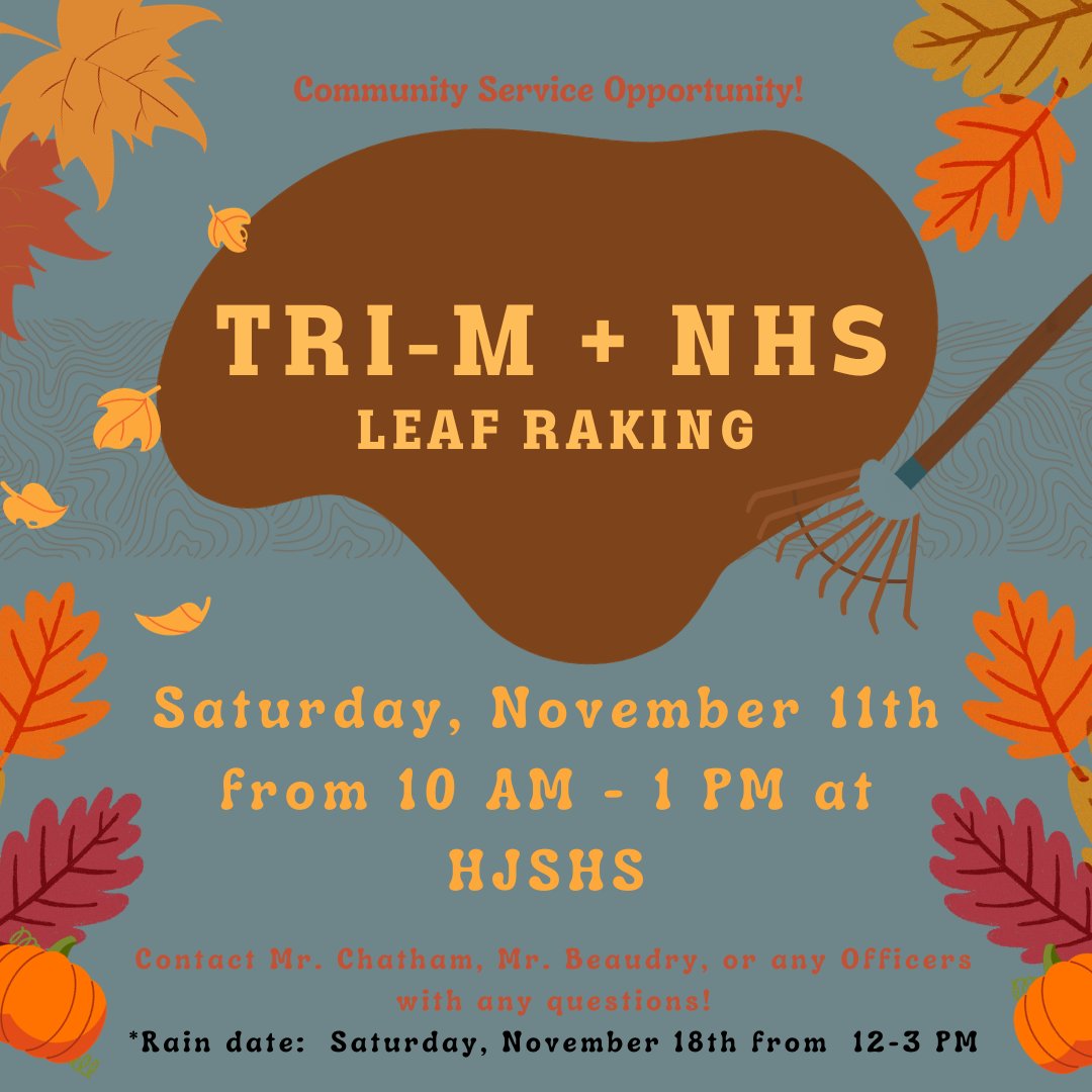 Tri-M and NHS Leaf Raking this Saturday 11/11 from 10am-1pm at the high school.  Join us for community service in cleaning up around our school! Rain date is Saturday 11/18! <a href="/hopedalejshs/">Hopedale Jr-Sr HS</a> <a href="/DerekAtherton1/">Derek Atherton</a> <a href="/HopedaleAP/">Timothy Johnson</a> <a href="/HFOM_Hopedale/">HFOM</a> <a href="/MrBeaudry1/">Anthony Beaudry</a> <a href="/cchatham5/">Christopher Chatham</a>