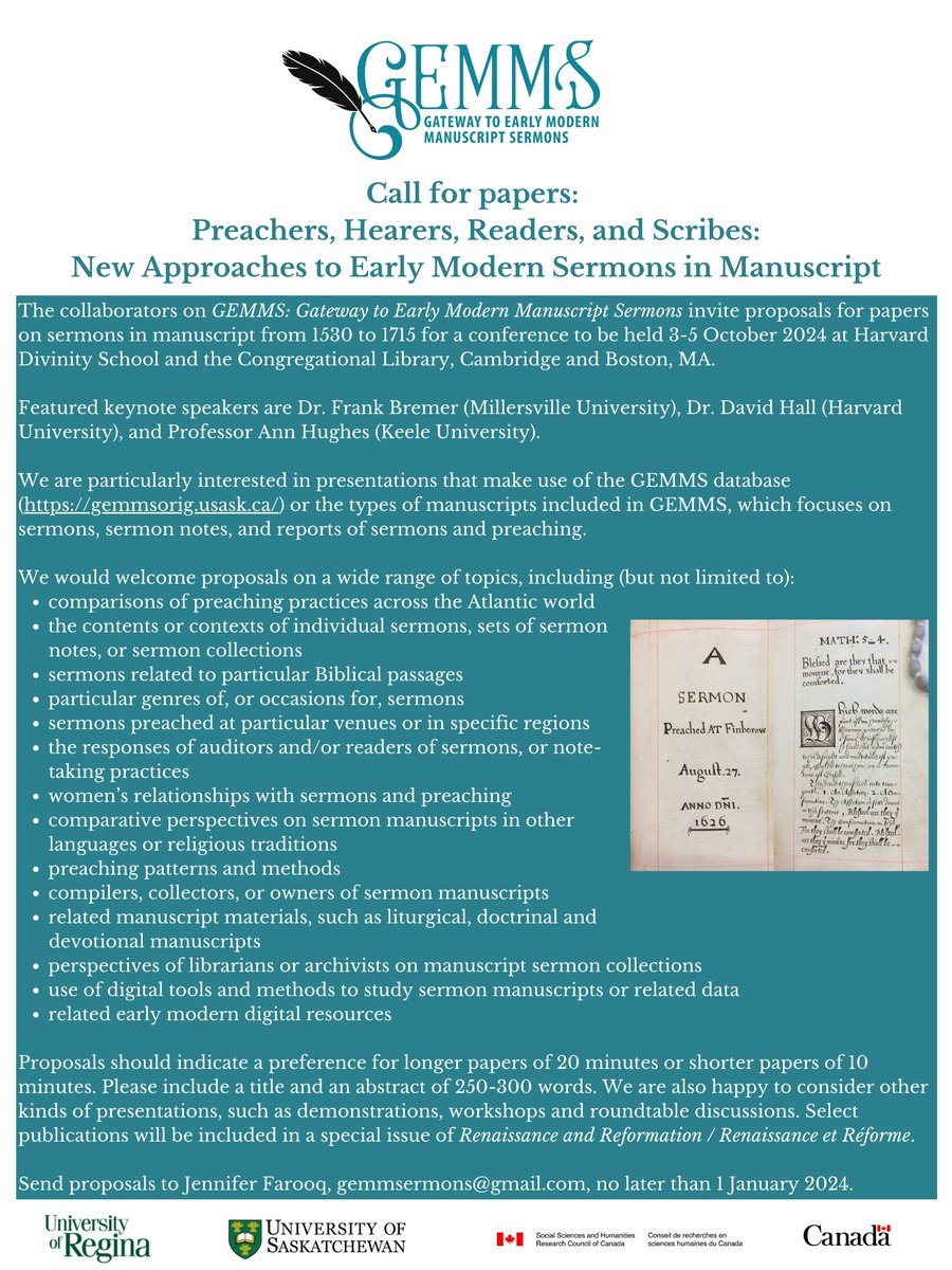 GEMMS_sermons's tweet photo. We are thrilled to announce the cfp for our conference "Preachers, Hearers, Readers &amp; Scribes" in Oct. 2024 at Cambridge &amp; Boston, MA!

Deadline: 1 Jan 2024. See https://t.co/mlvO6q49O1

Please share widely!
#earlymodern #callforpapers #manuscripts #sermons #twitterstorians 1/3 https://t.co/OnWThZ4QGI