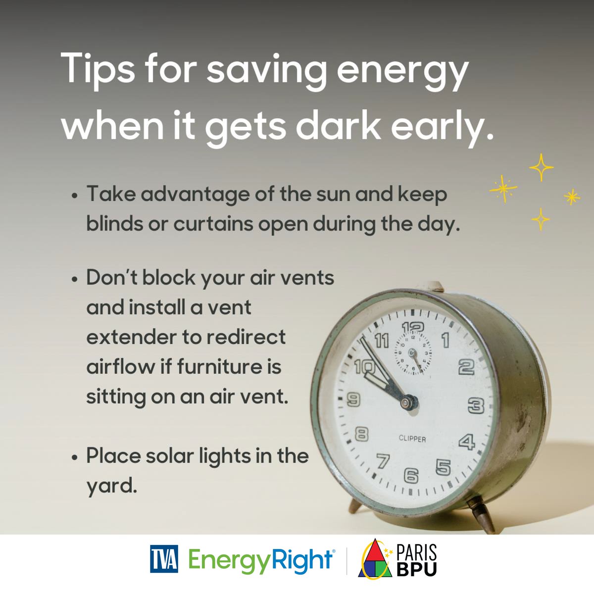 Paris_BPU's tweet photo. As we've turned back the clocks for daylight saving time, it's a great opportunity to make the most of your extra hour while being energy-conscious. Here are three energy-saving tips to consider:

#mybpu https://t.co/2STJGKIbu3