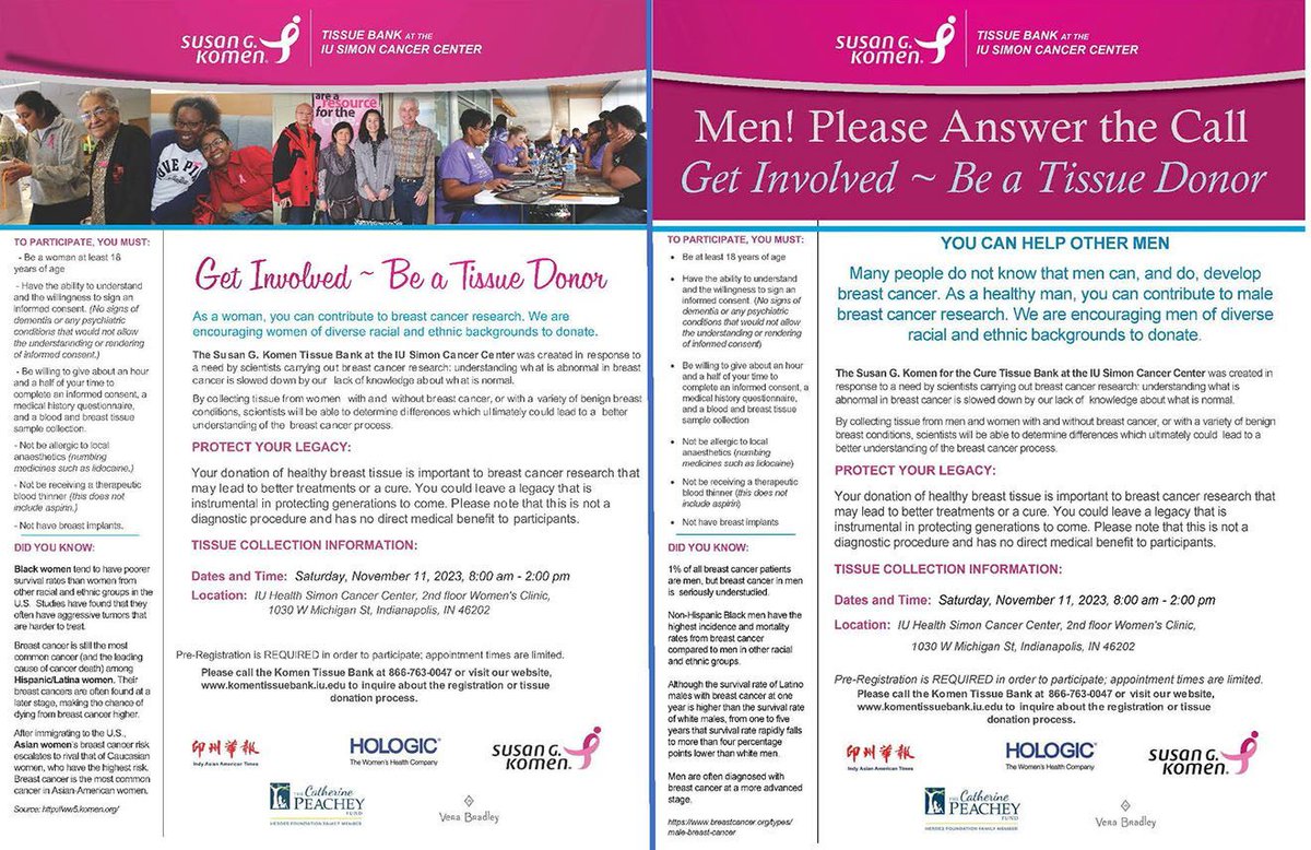 KomenTissueBank's tweet photo. If you are a biological male with no sign of breast cancer (or if you know someone who may want to help further the research of male breast cancer) please contact the Komen Tissue Bank at 317-274-2366 or komentb@iupui.edu for more information, or to make a donation appointment. https://t.co/WTlAh432Ew
