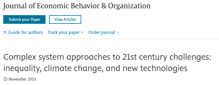 We are pleased to announce a call for papers on “Complex system approaches to 21st century challenges: inequality, climate change, and new technologies”, related to a conference that was held @sfiscience this summer - submit by 15 February 2024 sciencedirect.com/journal/journa…