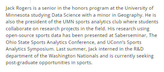SMTlive's tweet photo. @KaiFranke3 @UMNews @UMN_SAC @GopherBaseball @RayS @CMU_Stats Meet #SMTDataChallenge Undergrad Finalist, @jackrog61! Jack is a senior at @UMNews, majoring in Data Sci with a minor in Geography. He is Prez of @UMN_SAC, and has presented at @SaberSeminar, @OSU_SAA, and #UCSAS. Last summer, Jack worked as an R&D intern for @Nationals. 3/ https://t.co/5HgaZN88LP