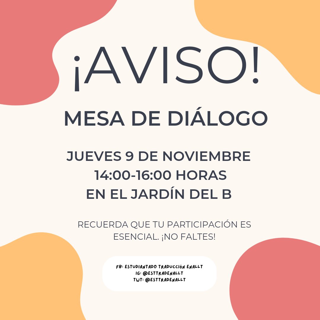 No dejes de asistir a las mesas de diálogo, recuerda que esto continua.

Sin la #TdeTraducción la ENALLT no existe.
#OrgulloUNAM
#UNAM
#Goya
#CiudadUniversitaria
#ENALLT
#Traducción
#EducaciónSuperior
#DemandaEstudiantil