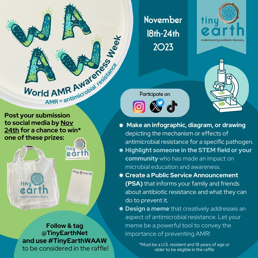 Participate in World AMR Awareness Week with Tiny Earth! Led by the World Health Organization, WAAW spreads awareness about antimicrobial resistance (AMR) to prevent its impact on humans, animals, agriculture, and the environment. Visit tinyearth.wisc.edu/2023tewaaw/ for more info!