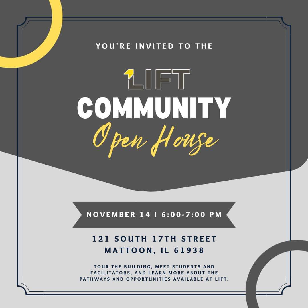 liftcentralil's tweet photo. LIFT will be hosting a Community Open House on Tuesday, November 14th from 6:00-7:00 PM. The building will be open for you to tour, meet facilitators and students, and learn more about the pathways and opportunities available.

#LIFTCentralIllinois #ExploreLeadLIFT https://t.co/h202wAjxvm