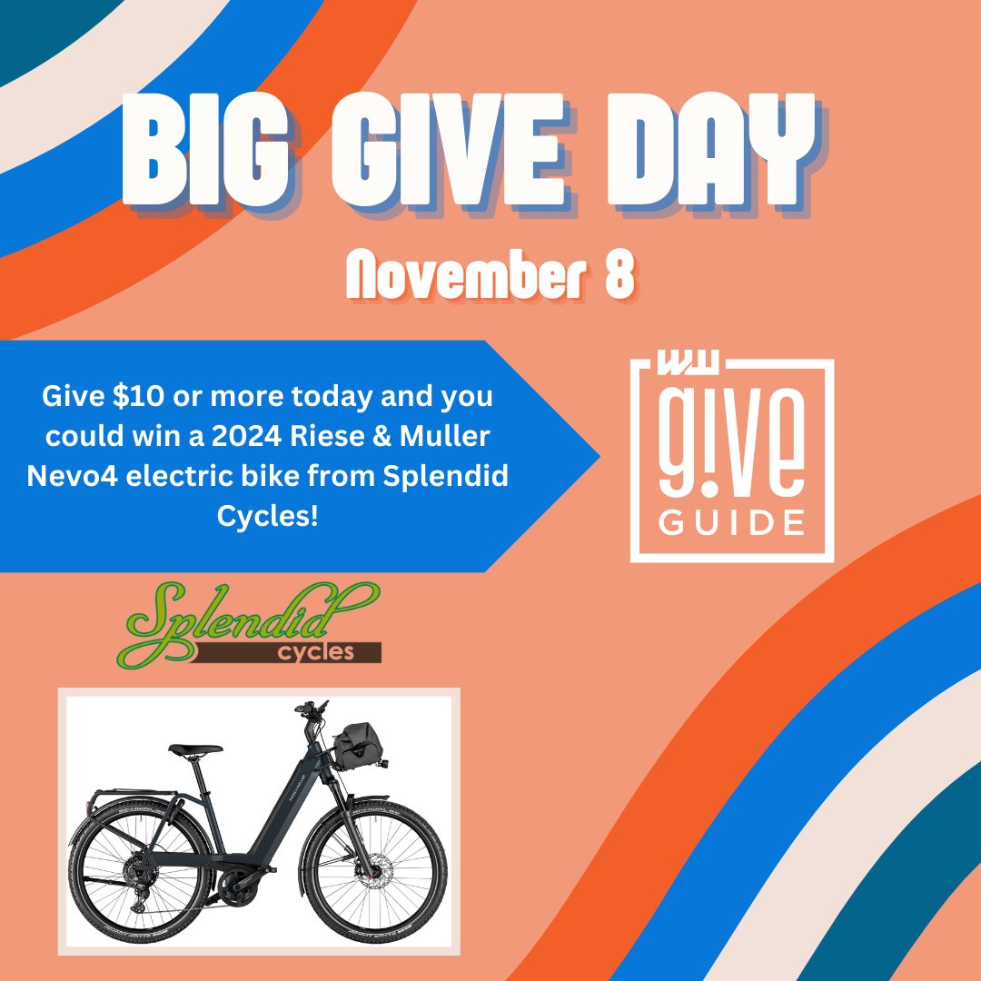 TODAY’S A BIG GIVE DAY

The prize: A 2024 Riese &amp; Muller Nevo4 from @splendid_cycles!

How to win: Head to giveguide.org. Donate $10 to any participating G!G nonprofit. Get entered to win.

The future is electric, baby!

TODAY ONLY.

giveguide.org/nonprofits/jan…

#giveguide