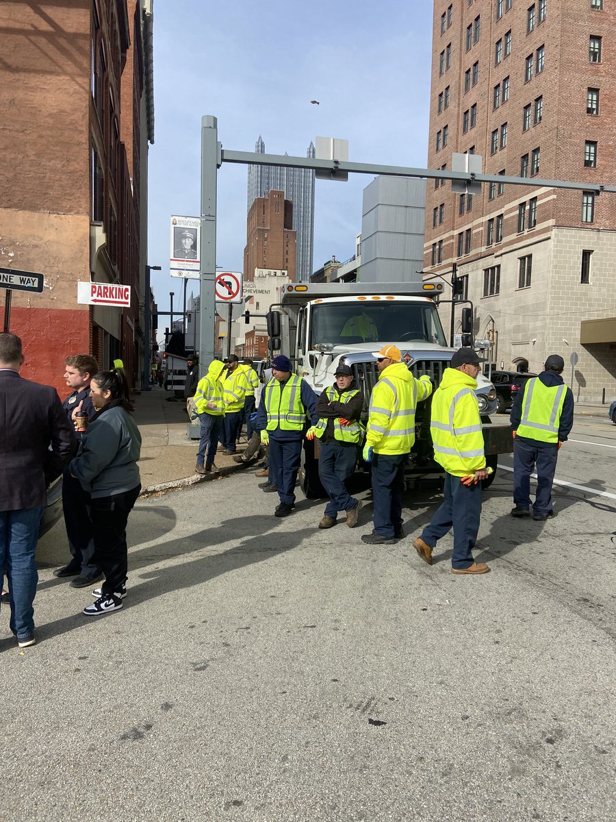 Around a dozen Pittsburgh Public Works employees have arrived to clear the encampment on First Avenue and Grant Street, a process officials started yesterday afternoon