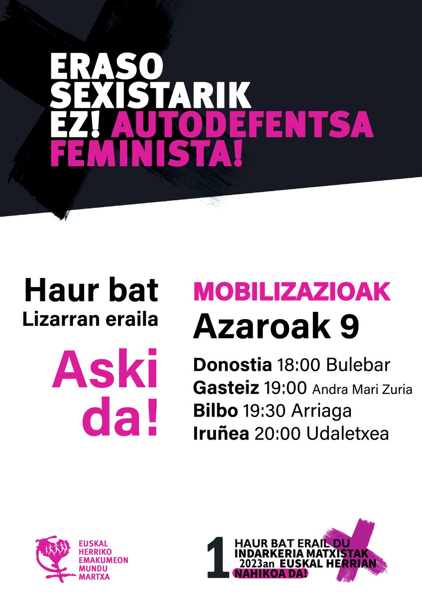‼️ADI!‼️
Haur bat erail dute Lizarran.

Bihar azaroak 9, osteguna, mobilizazioak hiriburuetan.
Aski da!

#IndarkeriaMatxistarikEZ
#AutodefentsaFeminista