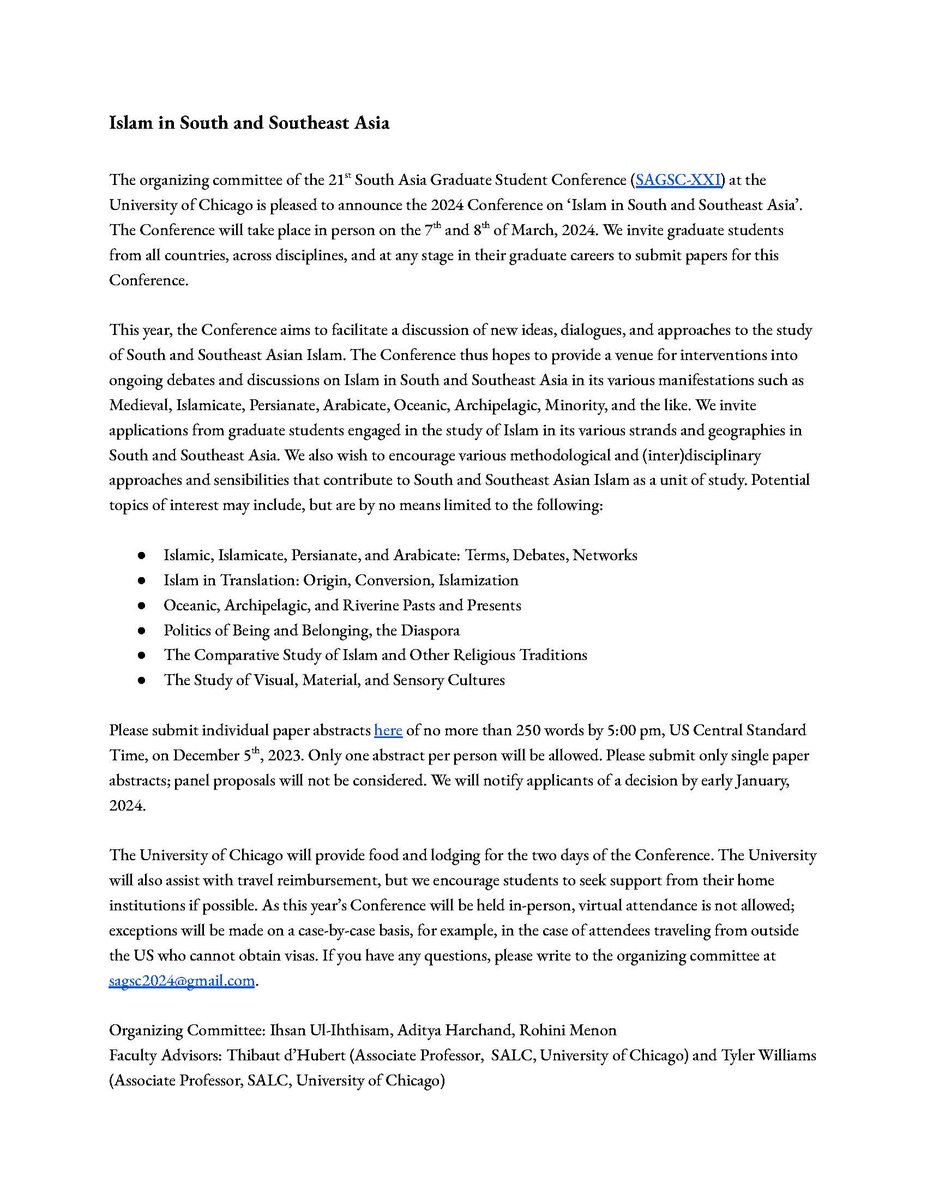 The always-fantastic South Asia Graduate Student Conference at UChicago has released its call for papers for the March 2024 conference: voices.uchicago.edu/sagsc/schedule…