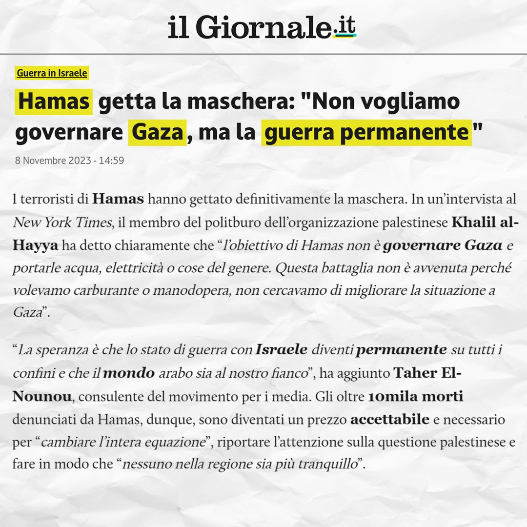 Questa è Hamas. Un’organizzazione terroristica che ha come unico obiettivo distruggere Israele. Non gli interessa la pace, vogliono solo la guerra. E considerano migliaia di morti un costo necessario. Ma mentre la gente muore a Gaza, i loro capi se ne stanno al sicuro in Qatar.