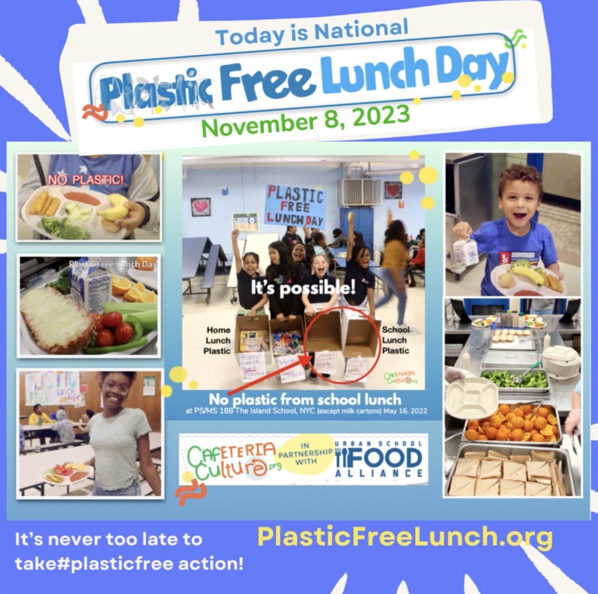 It’s Plastic Free Lunch Day! 
Students and school nutrition professionals join forces again for the 3rd national Plastic Free Lunch Day, a growing movement to ditch single-use plastics.
 plasticfreelunch.org 
It’s never too late to take
#plasticfreelunch action!
