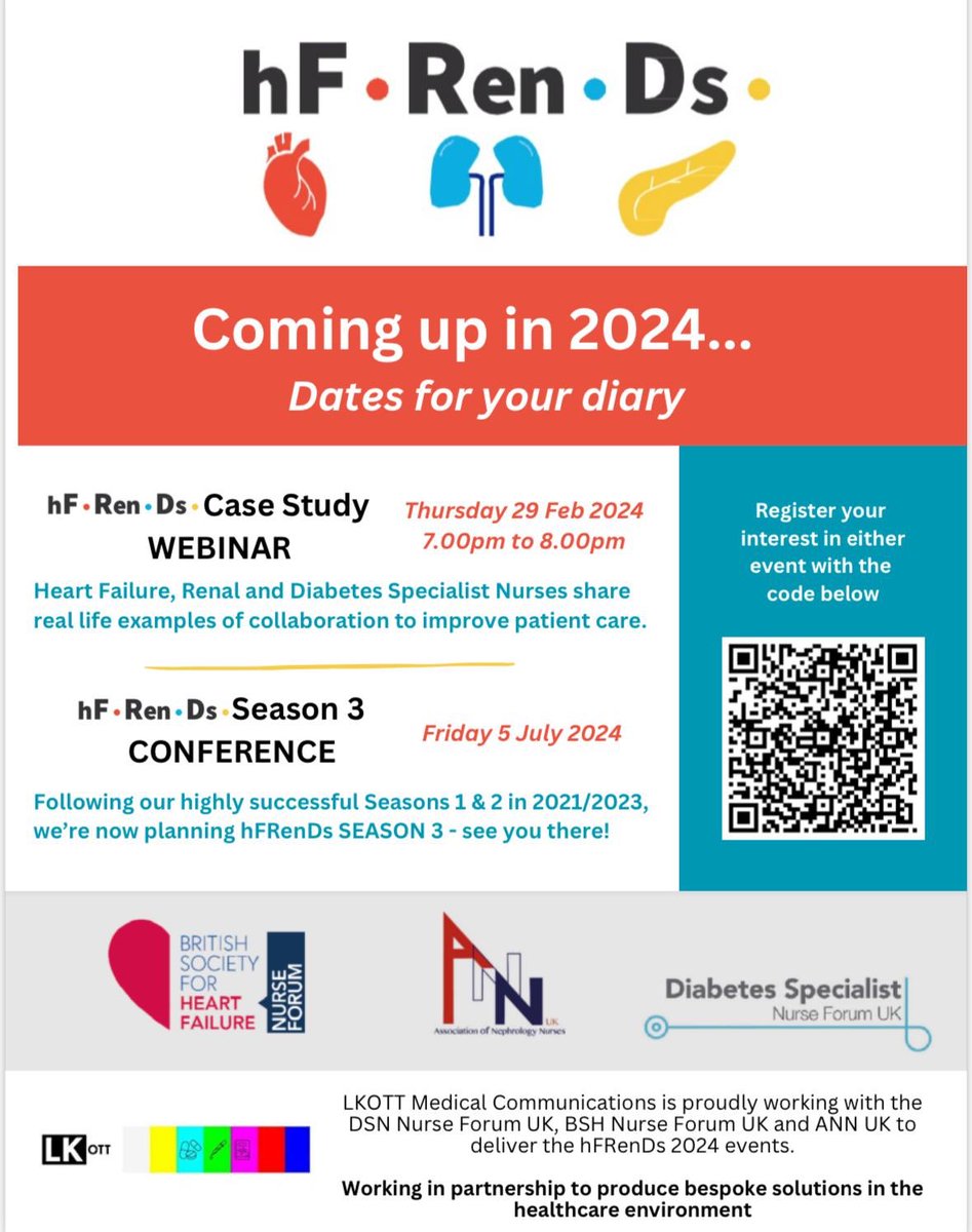 💙💛❤️THRILLED TO ANNOUNCE…📣 

for all specialist nurses in diabetes, renal or Heart Failure!! 

✨Our 2024 Events are here✨

💻Webinar - Real MDT case studies 

👥Face to Face Conference

Register your interest using the QR code or link below 👇🏻 

🔗shorturl.at/ctBDU