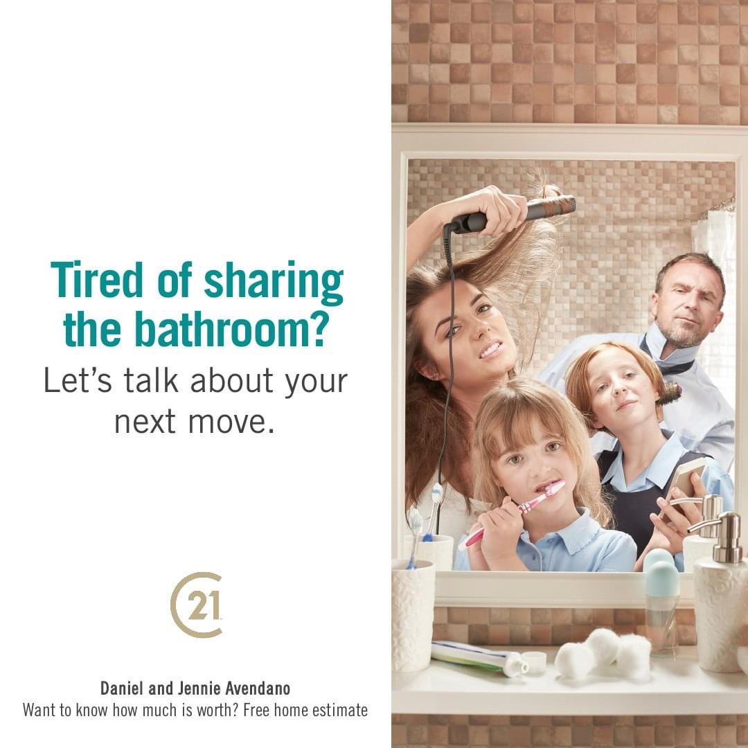 Bathroom Freedom. Ready to say goodbye to those 'bathroom scheduling conflicts'? Let's find you a home with the en-suite you've been dreaming of! No more sharing required. #bathroomfreedom #RealEstateLaughs
