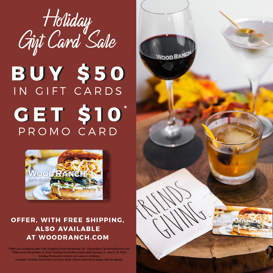 Our Annual Gift Card Sale is BACK for a sizzling holiday season 💥 Share the joy of Wood Ranch while treating yourself now through December 31st. 

Purchase in-store or online now at: woodranch.com/gift-cards/

#WoodRanch #bbq #labbq #holidaysale #giftcard #giftcardsale #bestbbq