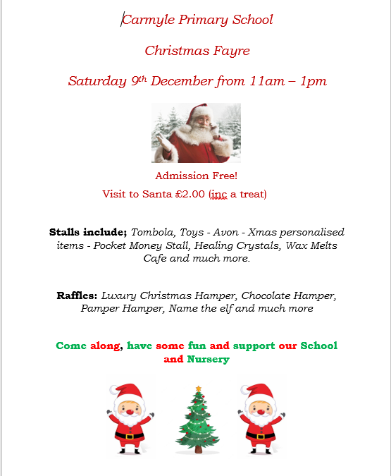 CarmylePS's tweet photo. Come along to Carmyle PS and Nursery Class Christmas Fayre on Saturday 9th December - loads of stalls including Tombola, Raffles , Craft and Toys 🎅🎅🎅🎅 https://t.co/HYWNdFFSpT