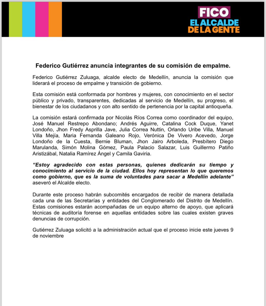 FicoGutierrez's tweet photo. Este es nuestro comité de empalme. 
Estamos uniendo a Medellín. 
Lo haremos muy bien entre todos. https://t.co/fKZvejRoro