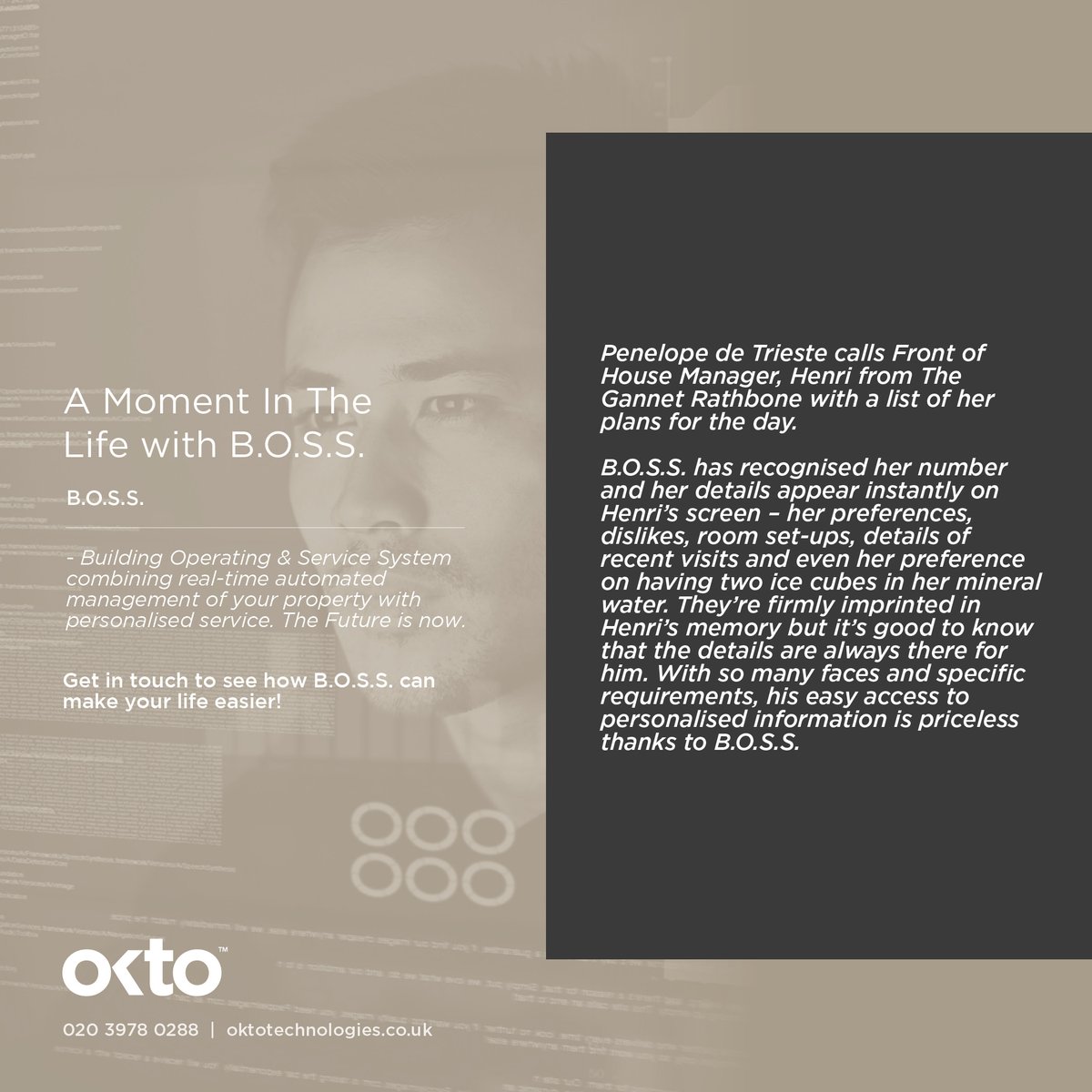 Okto_Tech's tweet image. B.O.S.S. is designed to make your life easier. 

Combining real-time automated management with personalised service. 

B.O.S.S. makes sure you’re always on your A Game when it comes to knowing your guests – and all their personal preferences. 

Never miss a trick with B.O.S.S. 👊