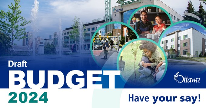 A graphic with Ottawa City Hall is in the background. Four photos to the right of the graphic represent different City priorities.Text says: Draft Budget 2024. Have your say!