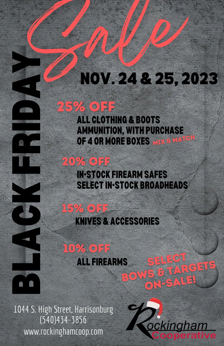 RockinghamCoop's tweet image. Start planning your Black Friday &amp;amp; Small Business Saturday shopping early and start it at Rockingham Cooperative in Harrisonburg with deals on firearms, safes, archery equipment, and clothing!