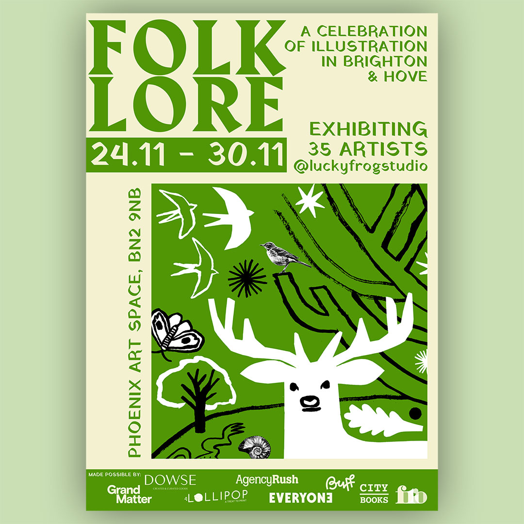 lizlomaxx's tweet photo. Lucky Frog and Friends Presents: FOLKLORE
✨So excited to share this poster &amp; exhibition with you all - a celebration of illustration in Brighton &amp; Hove, featuring 35 artists.

🍂 Don’t miss it - on from the 24th-30th November at: @ArtspacePhoenix https://t.co/l2obj10uhK