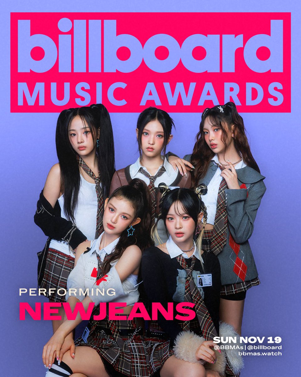 billboard's tweet photo. “OMG” 💖 @NewJeans_ADOR is making their debut on the #BBMAs stage!

Tune in to their performance at the @BBMAs on Sunday, Nov. 19 at https://t.co/yxuWX3OqIX https://t.co/ViRTfnSN19